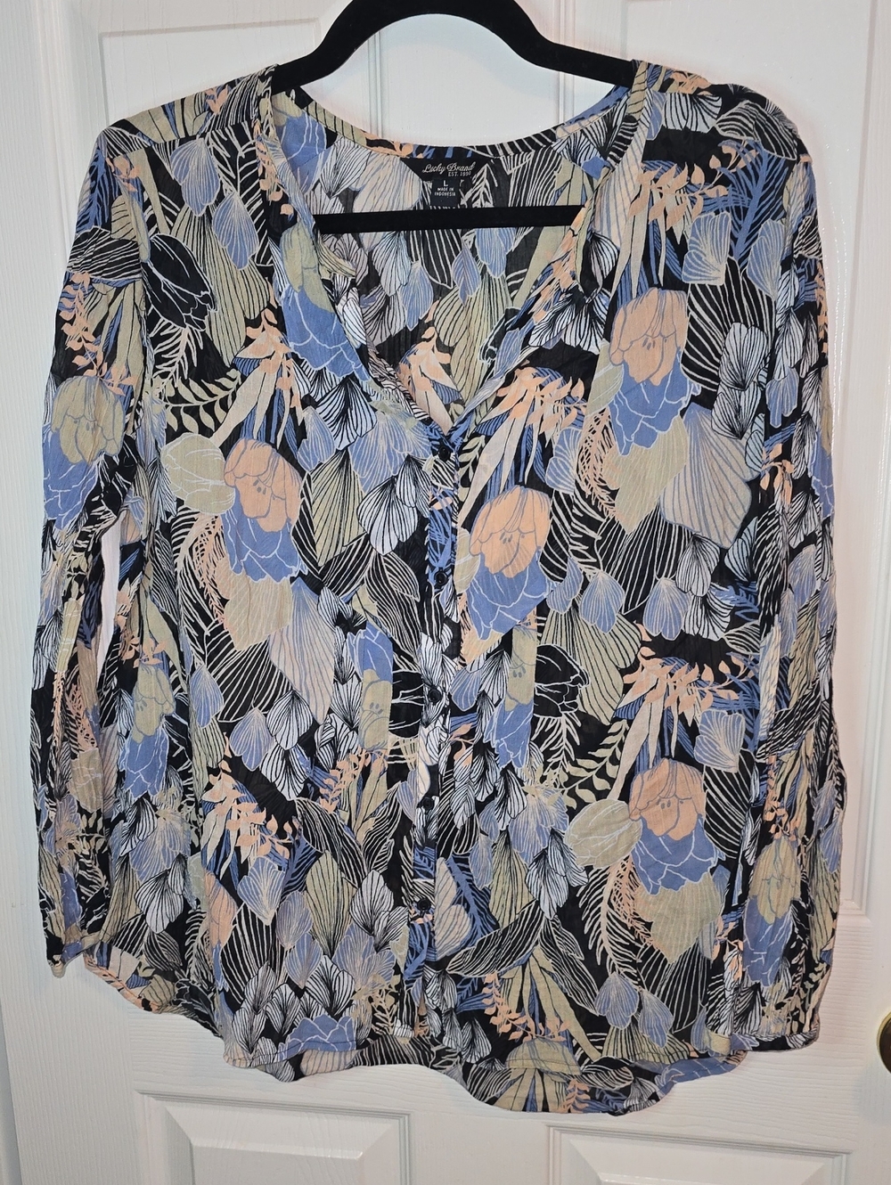Lucky Brand Black Top with‎ Blue and Beige Floral Accents
